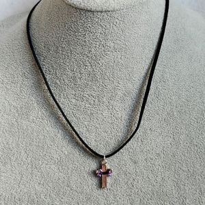 Mens silver cross purple draped fabric black suede necklace